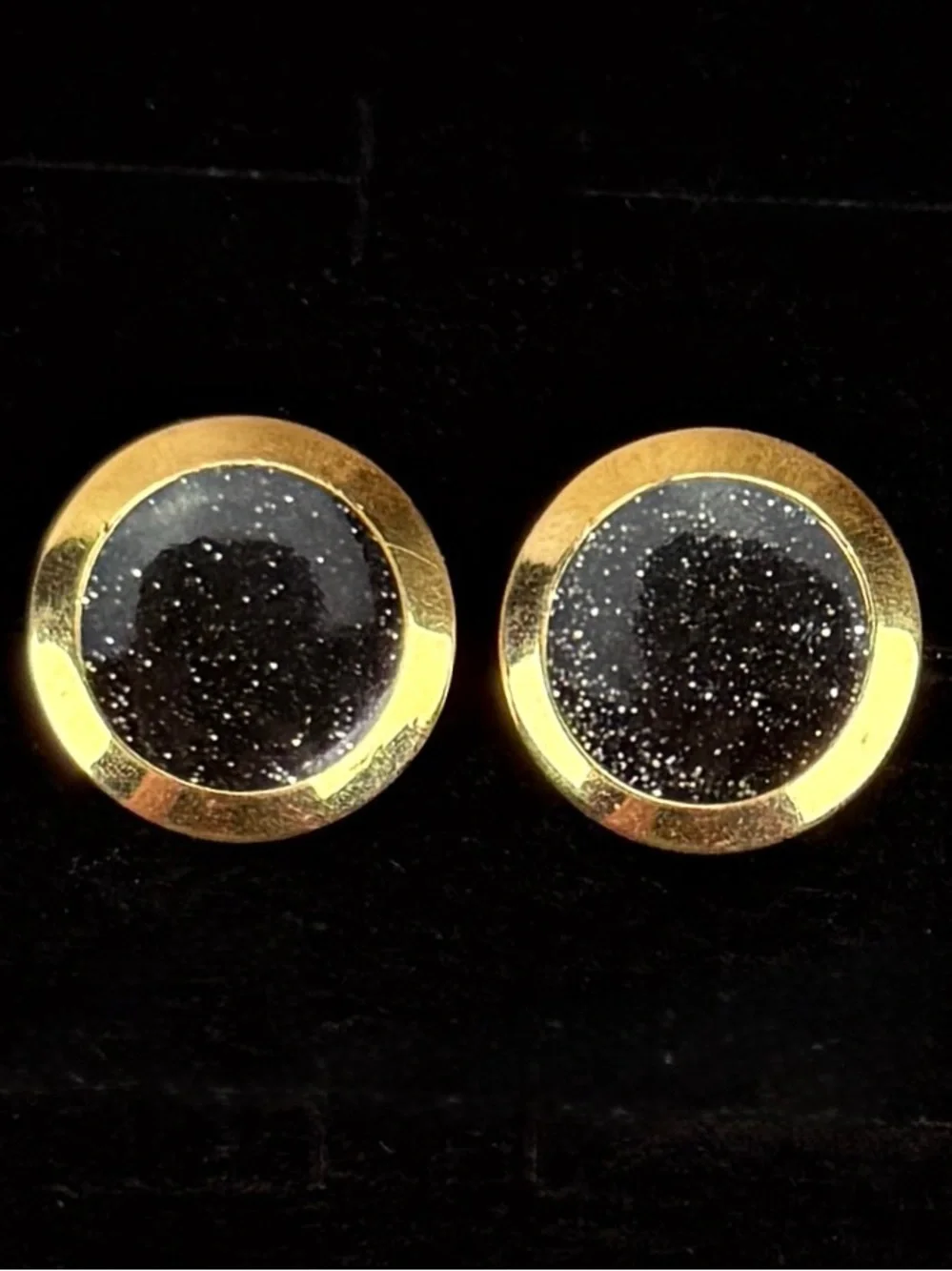 Vintage Gold Tone Black Sparkle Round Cufflinks Estate Formal Mens Jewelry